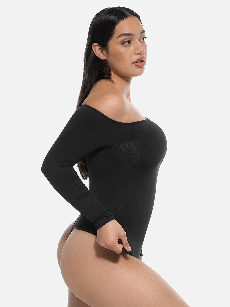 Diagonal Neck Long Sleeve waist Trimming Bodysuit - Auxieswear