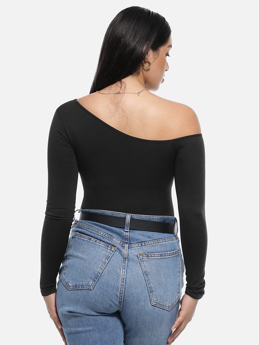Diagonal Neck Long Sleeve waist Trimming Bodysuit