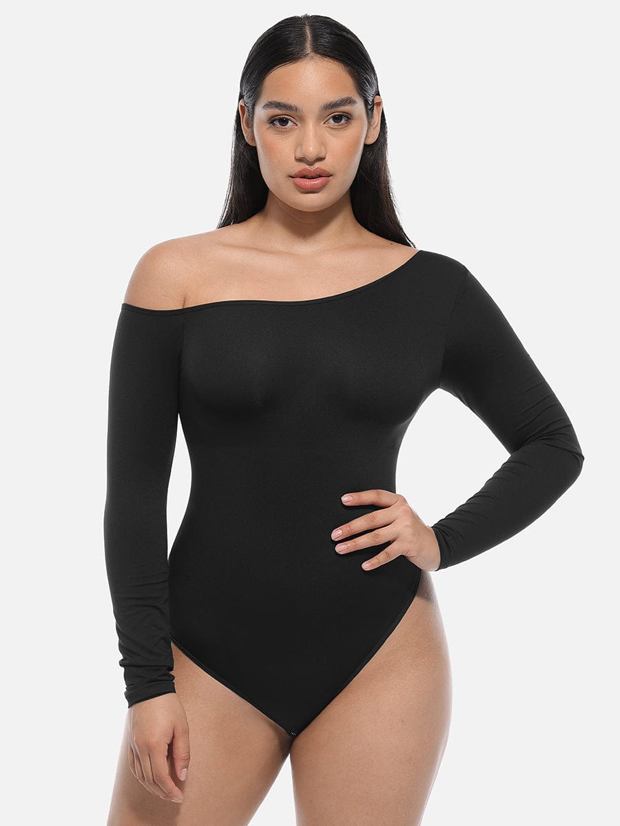 Diagonal Neck Long Sleeve waist Trimming Bodysuit - Auxieswear