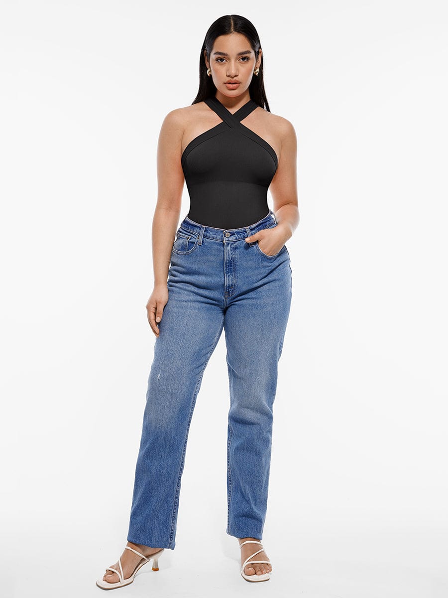 Ribbed Crossover Neck Straps Bodysuit