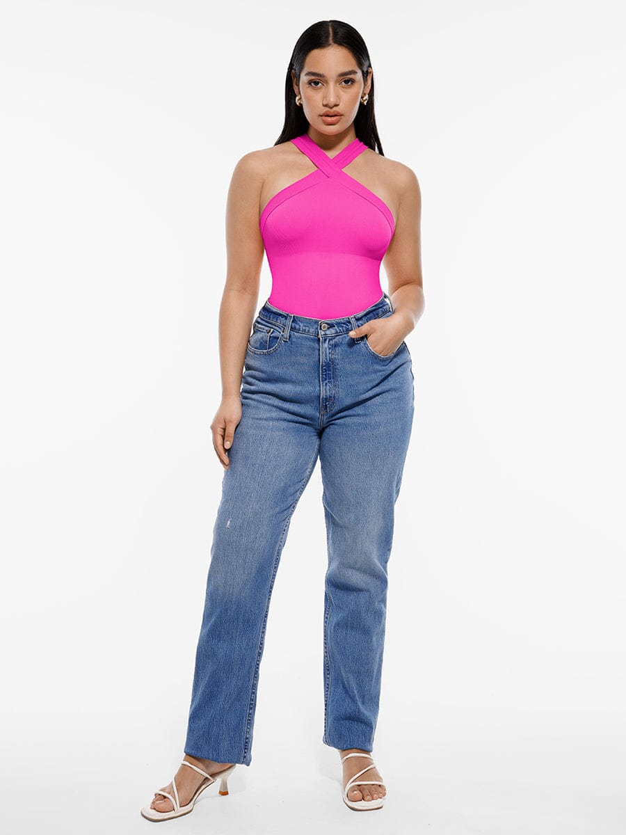 Ribbed Crossover Neck Straps Bodysuit