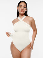 Ribbed Crossover Neck Straps Bodysuit