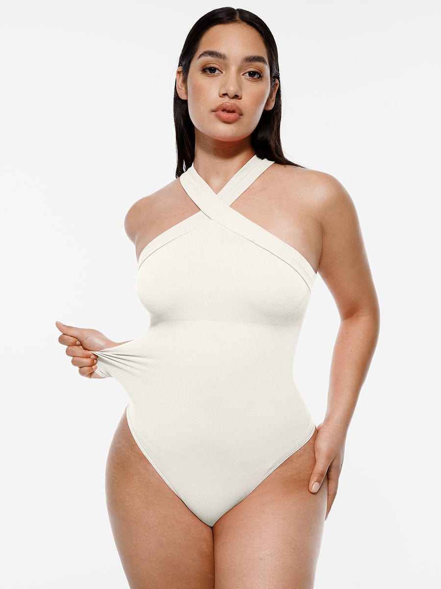 Ribbed Crossover Neck Straps Bodysuit