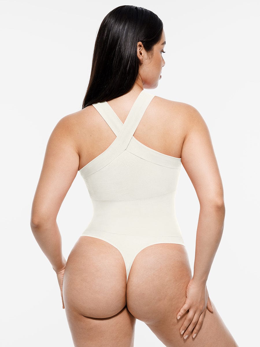 Ribbed Crossover Neck Straps Bodysuit