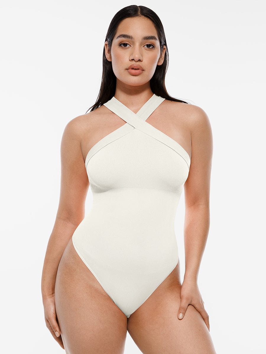 Ribbed Crossover Neck Straps Bodysuit