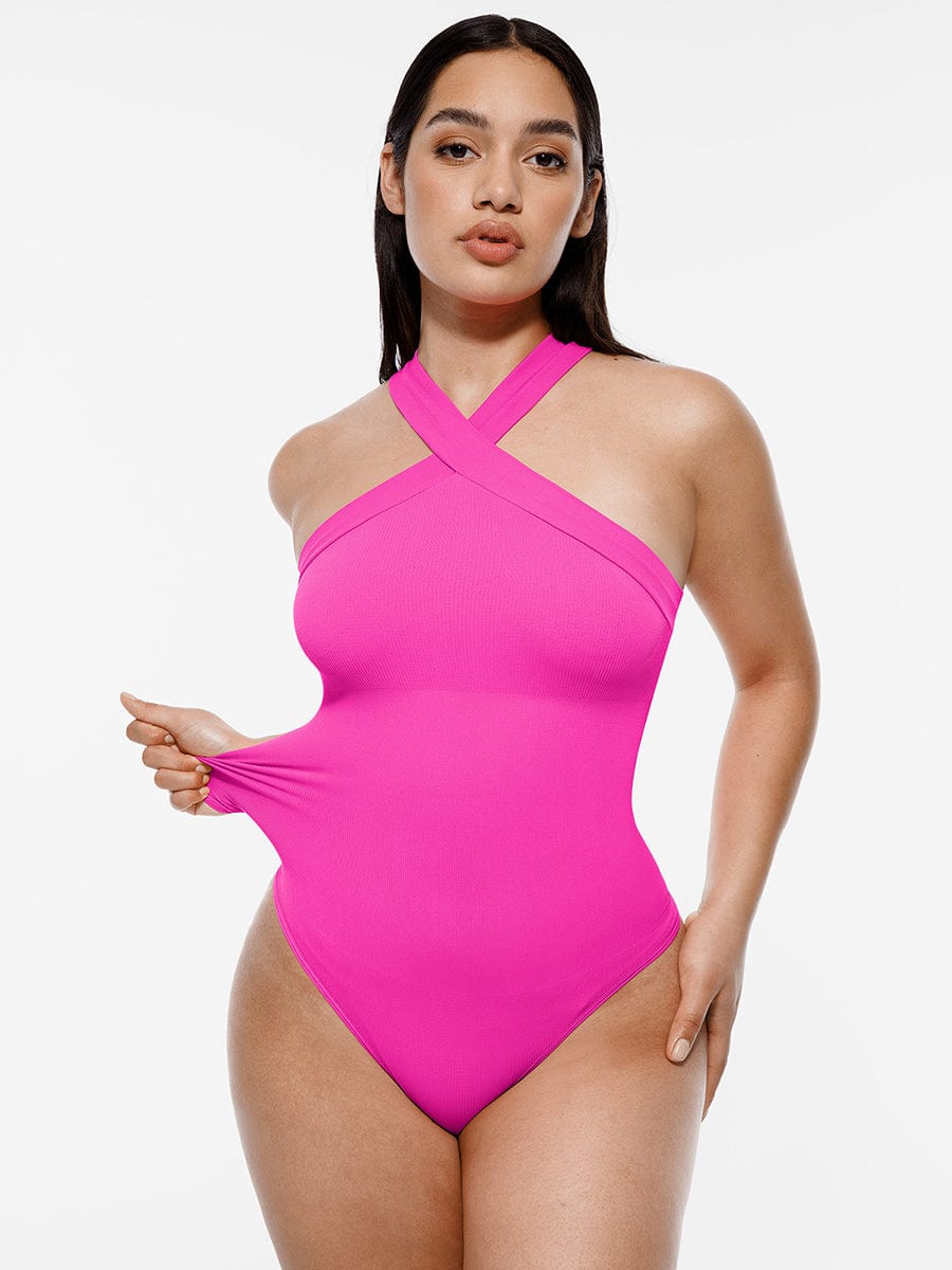 Ribbed Crossover Neck Straps Bodysuit