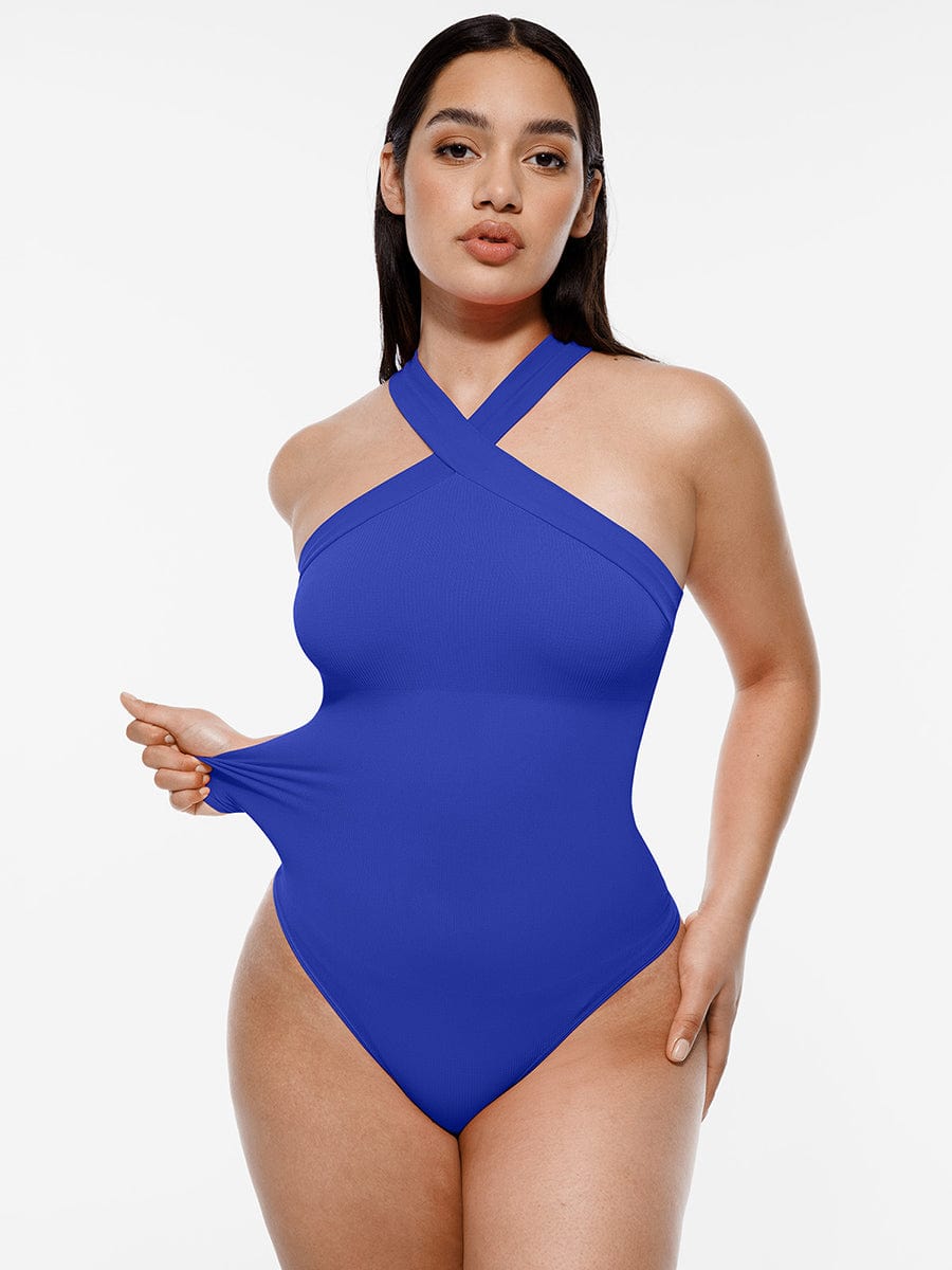 Ribbed Crossover Neck Straps Bodysuit