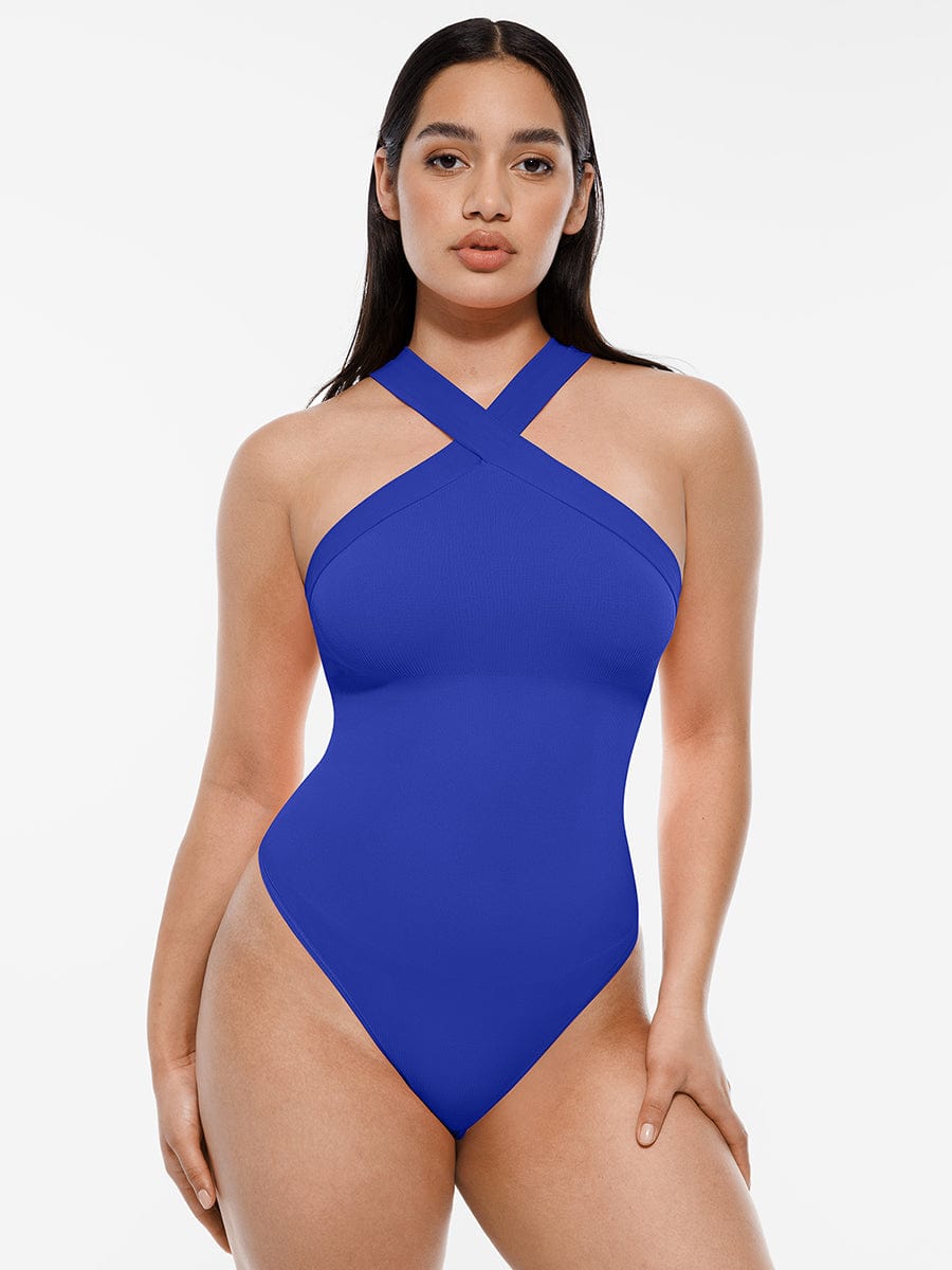 Ribbed Crossover Neck Straps Bodysuit