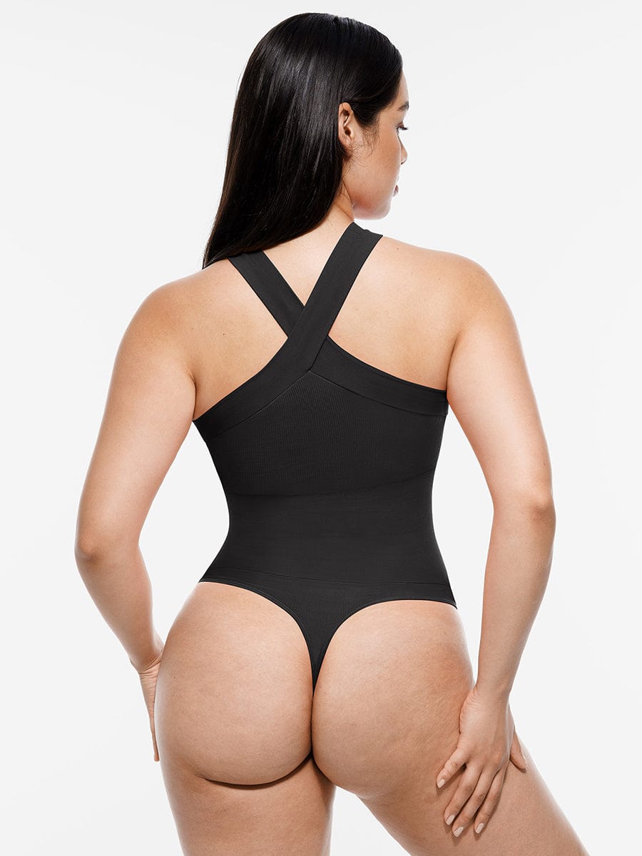 Ribbed Crossover Neck Straps Bodysuit