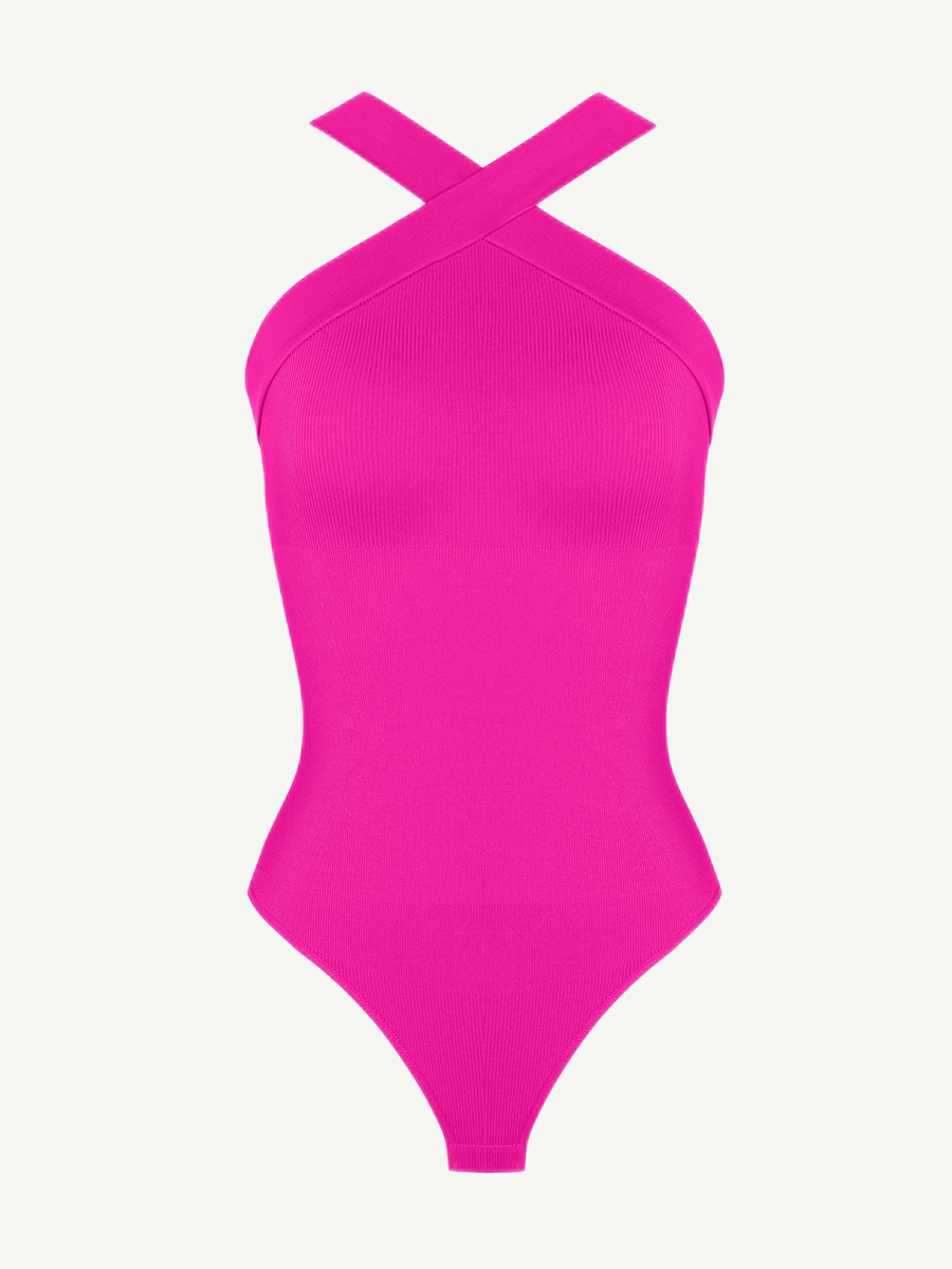 Ribbed Crossover Neck Straps Bodysuit - Auxieswear