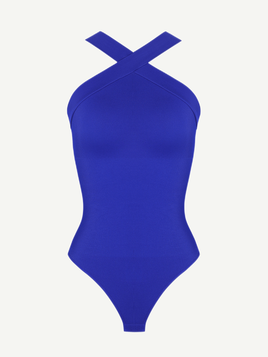 Ribbed Crossover Neck Straps Bodysuit