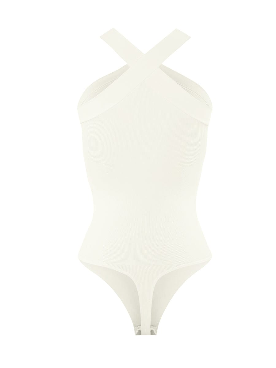 Ribbed Crossover Neck Straps Bodysuit - Auxieswear