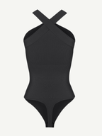 Ribbed Crossover Neck Straps Bodysuit