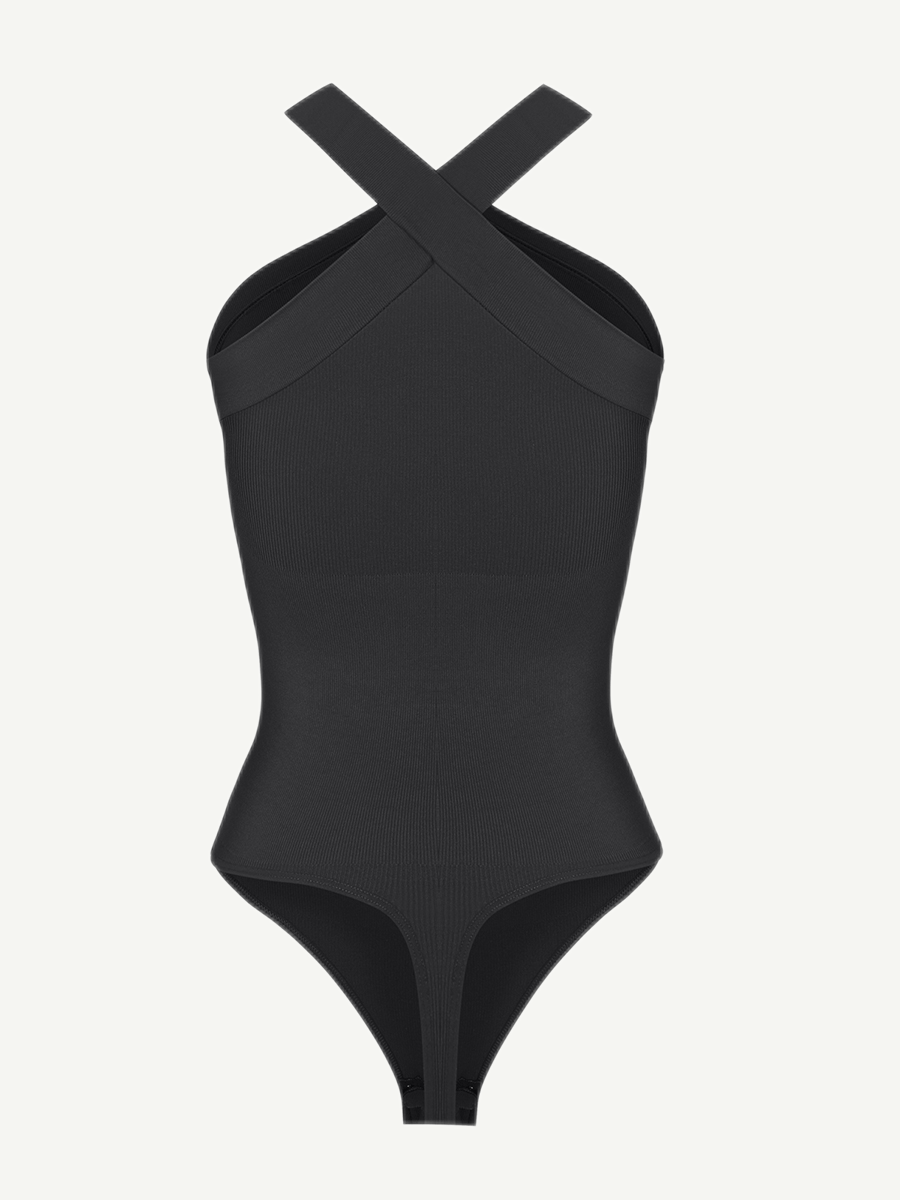Ribbed Crossover Neck Straps Bodysuit - Auxieswear