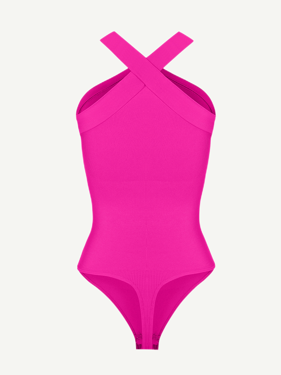 Ribbed Crossover Neck Straps Bodysuit