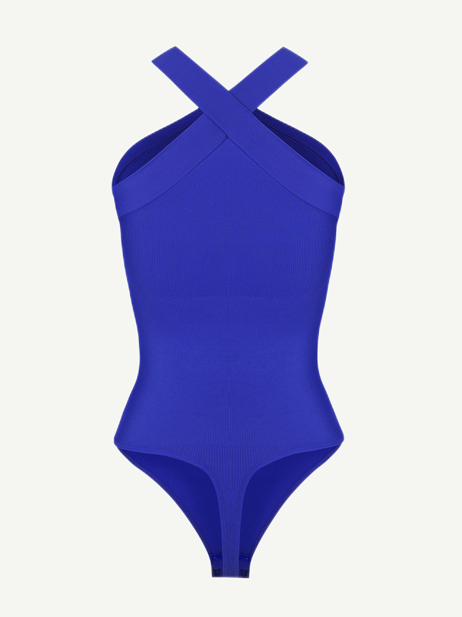 Ribbed Crossover Neck Straps Bodysuit - Auxieswear