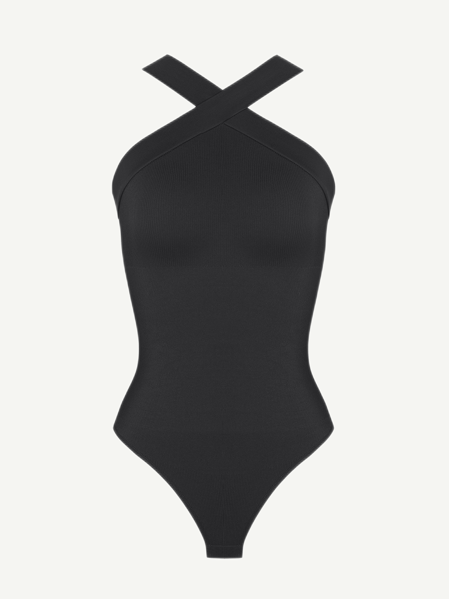 Ribbed Crossover Neck Straps Bodysuit - Auxieswear