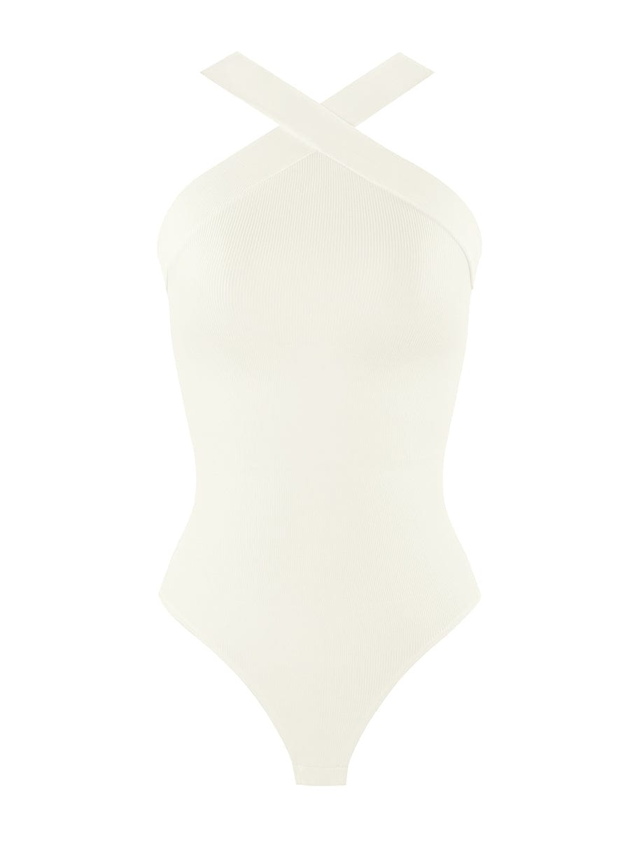 Ribbed Crossover Neck Straps Bodysuit - Auxieswear