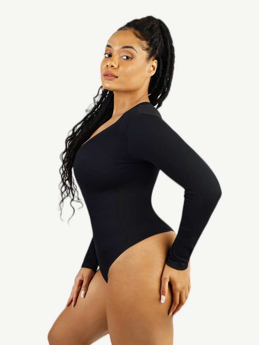 Long Sleeved V-neck Waist & Tummy Sculpt Bodysuit