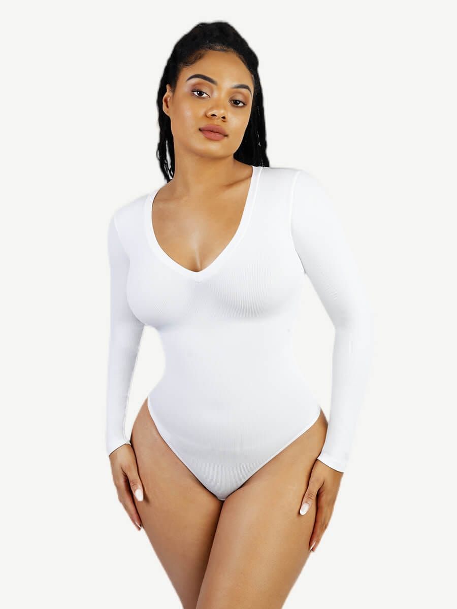 Long Sleeved V-neck Waist & Tummy Sculpt Bodysuit