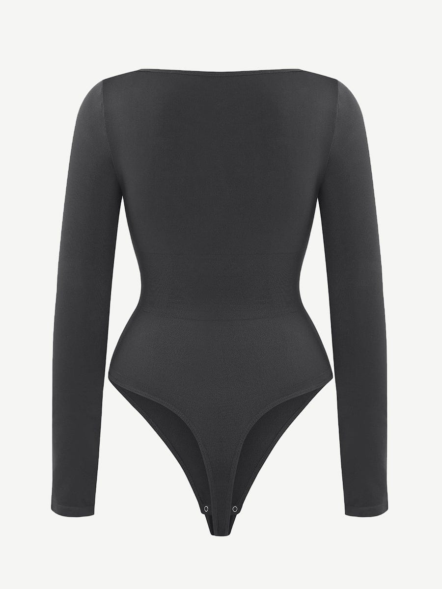 Square Neck Long Sleeve Waist Control Thong Bodysuit - Auxieswear