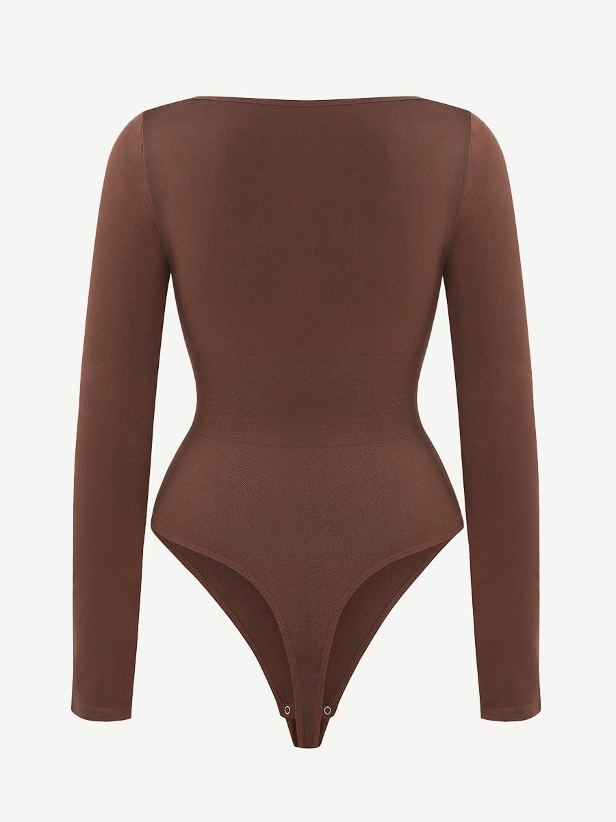 Square Neck Long Sleeve Waist Control Thong Bodysuit