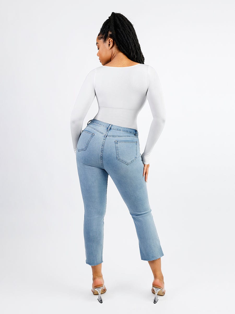 Square Neck Long Sleeve Waist Control Thong Bodysuit