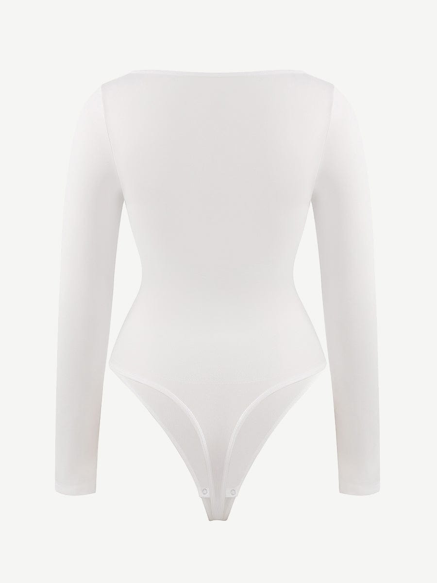 Square Neck Long Sleeve Waist Control Thong Bodysuit - Auxieswear