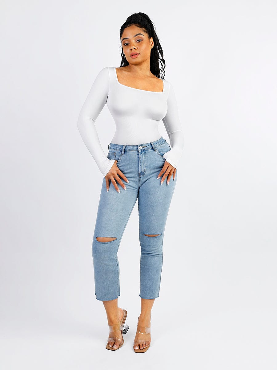 Square Neck Long Sleeve Waist Control Thong Bodysuit