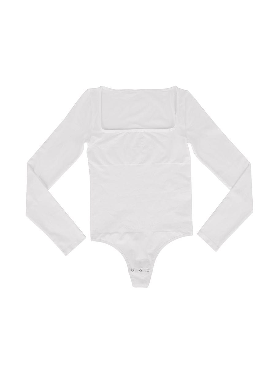 Square Neck Long Sleeve Waist Control Thong Bodysuit - Auxieswear