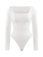 Square Neck Long Sleeve Waist Control Thong Bodysuit