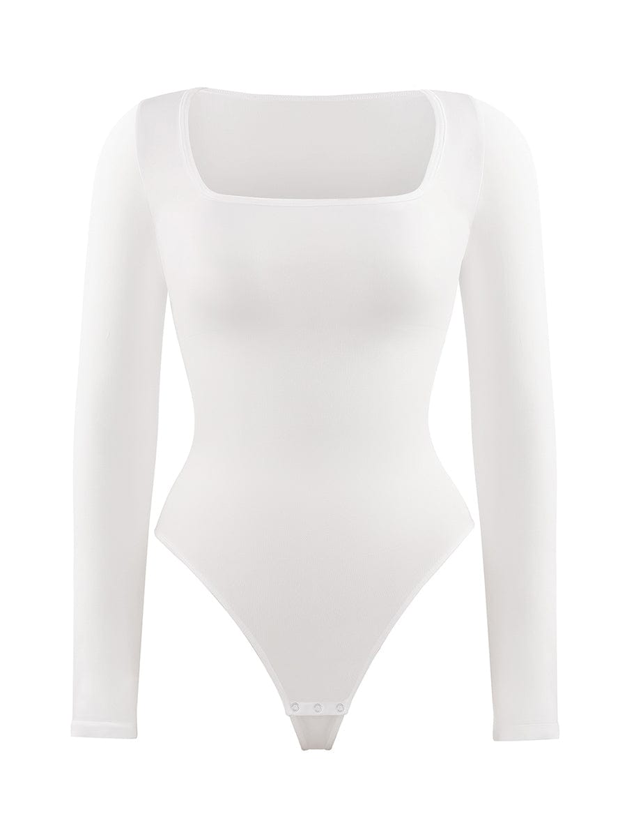 Square Neck Long Sleeve Waist Control Thong Bodysuit - Auxieswear