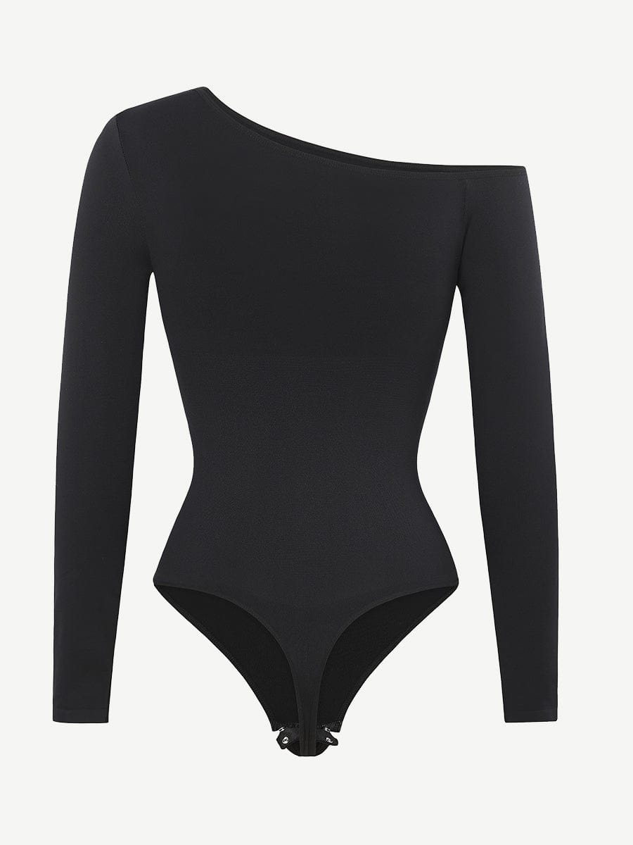 Diagonal Neck Long Sleeve waist Trimming Bodysuit
