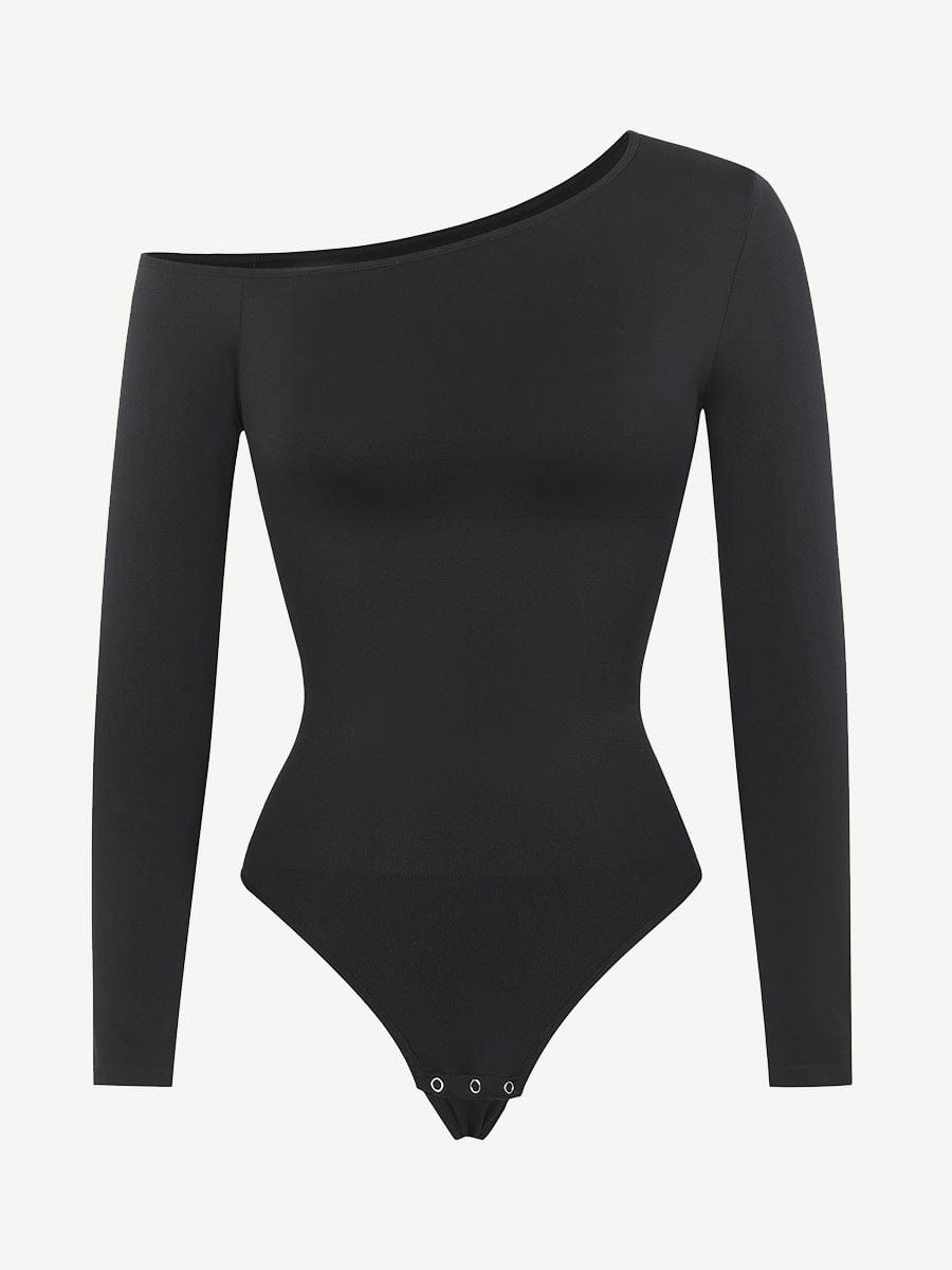 Diagonal Neck Long Sleeve waist Trimming Bodysuit - Auxieswear