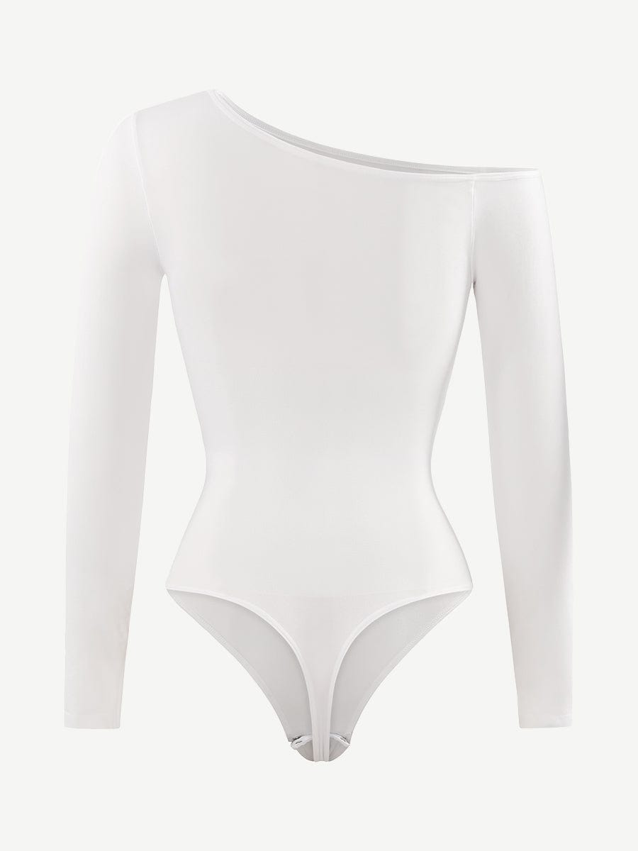 Diagonal Neck Long Sleeve waist Trimming Bodysuit - Auxieswear