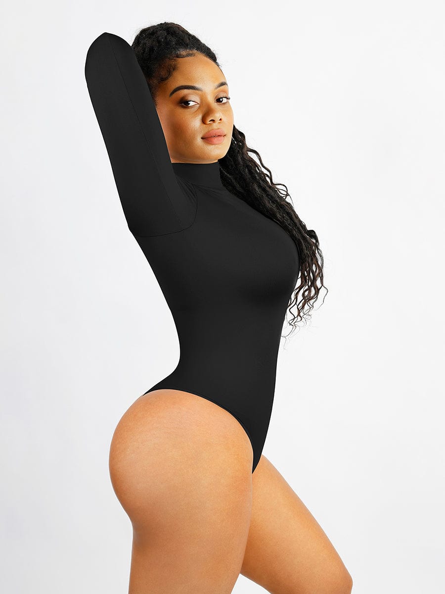 Turtle Neck Long Sleeve Thong Bodysuit - Auxieswear