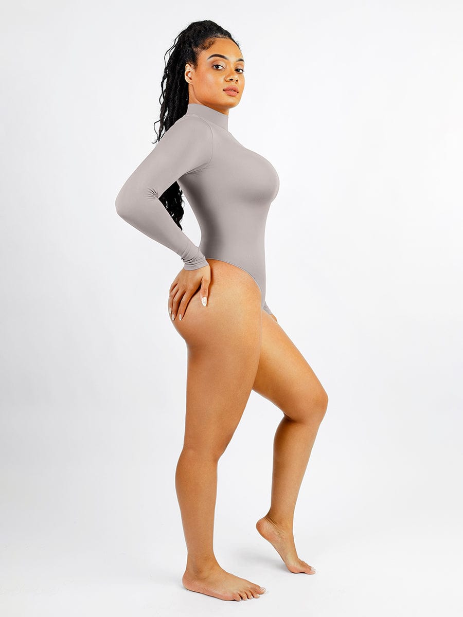 Turtle Neck Long Sleeve Thong Bodysuit - Auxieswear