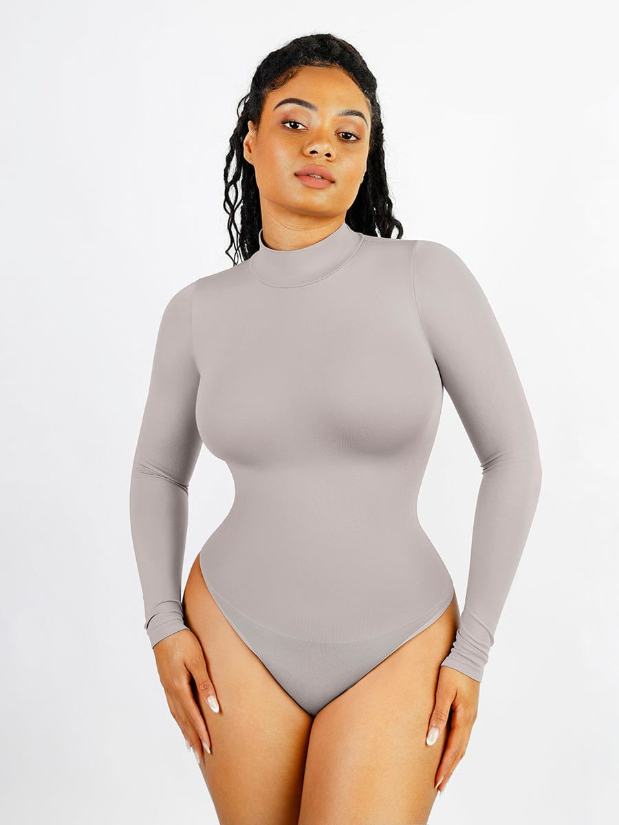 Turtle Neck Long Sleeve Thong Bodysuit - Auxieswear