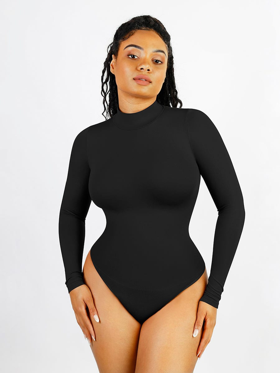 Turtle Neck Long Sleeve Thong Bodysuit - Auxieswear