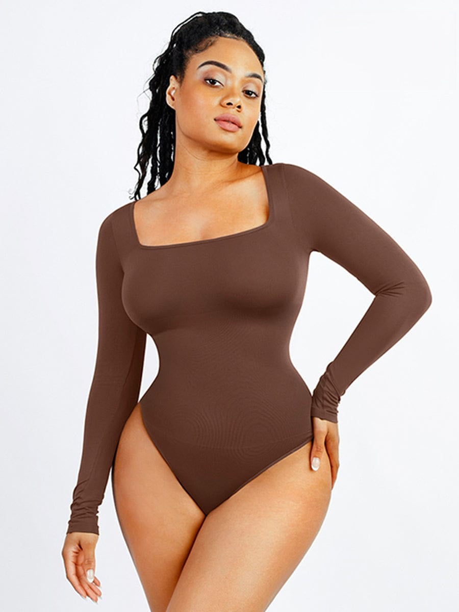 Square Neck Long Sleeve Waist Control Thong Bodysuit - Auxieswear