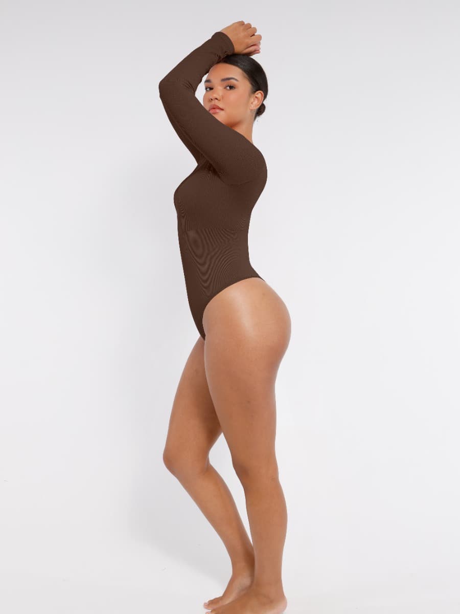 Long Sleeved V-neck Waist & Tummy Sculpt Bodysuit - Auxieswear