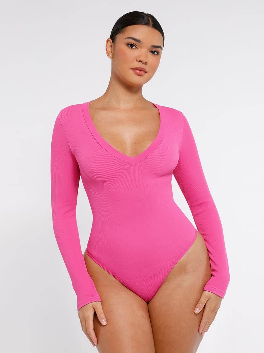 Long Sleeved V-neck Waist & Tummy Sculpt Bodysuit - Auxieswear