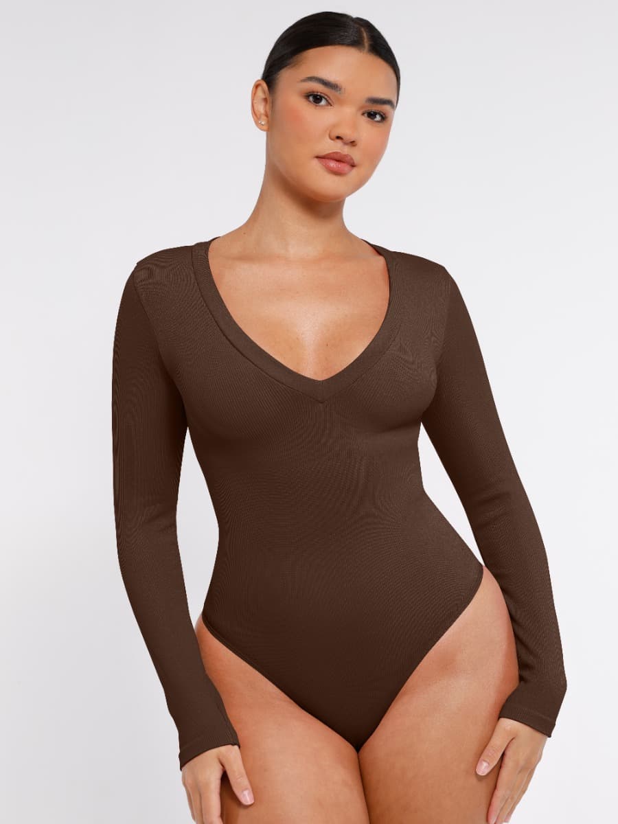 Long Sleeved V-neck Waist & Tummy Sculpt Bodysuit - Auxieswear