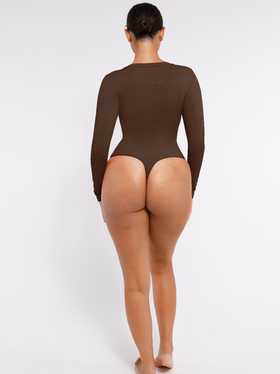 Long Sleeved V-neck Waist & Tummy Sculpt Bodysuit - Auxieswear