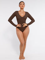 Long Sleeved V-neck Waist & Tummy Sculpt Bodysuit