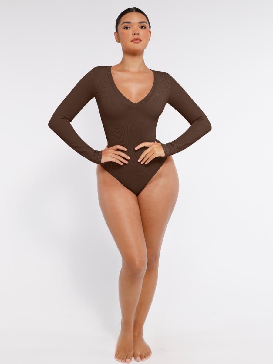 Long Sleeved V-neck Waist & Tummy Sculpt Bodysuit - Auxieswear