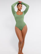 Square Neck Long Sleeve Waist Control Thong Bodysuit