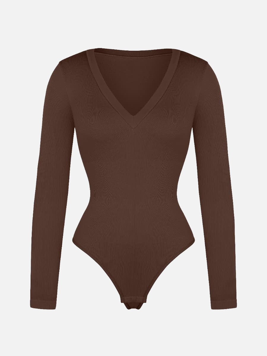 Long Sleeved V-neck Waist & Tummy Sculpt Bodysuit - Auxieswear