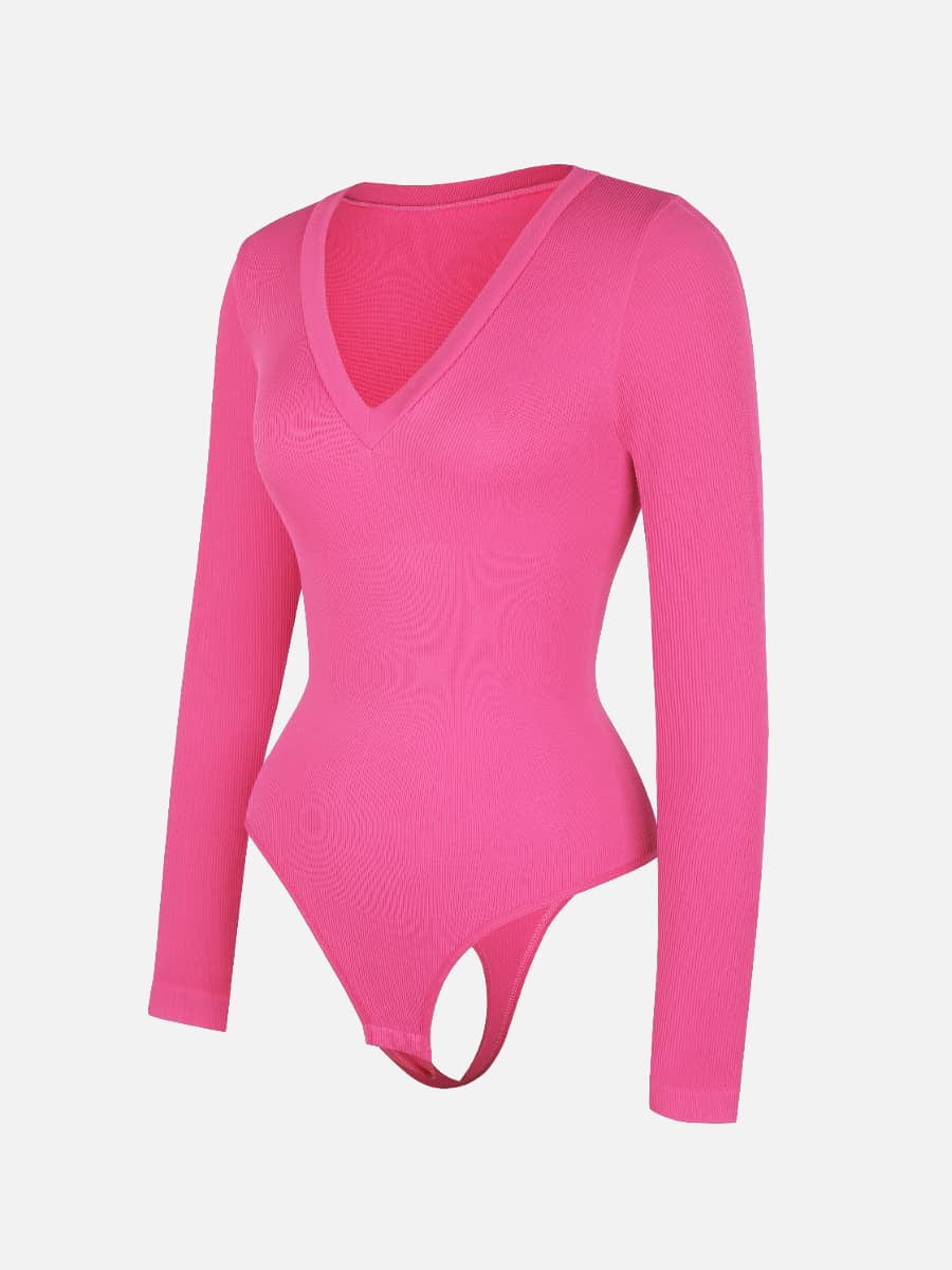 Long Sleeved V-neck Waist & Tummy Sculpt Bodysuit