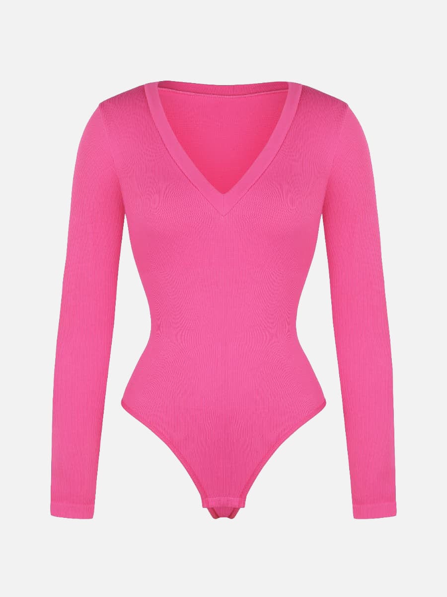 Long Sleeved V-neck Waist & Tummy Sculpt Bodysuit - Auxieswear